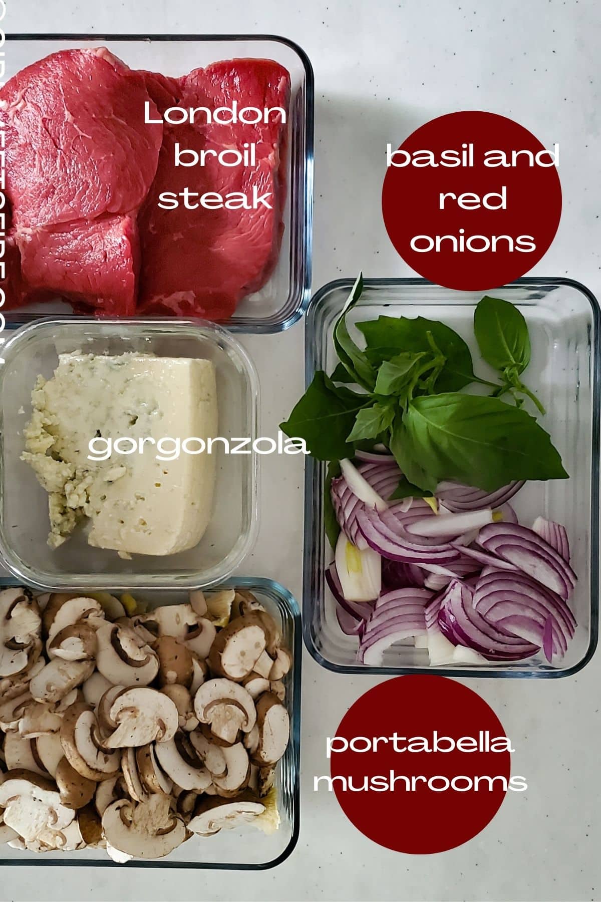 ingredients for pizza: London broil steak, gorgonzola cheese, baby portabella mushrooms, basil, and red onions