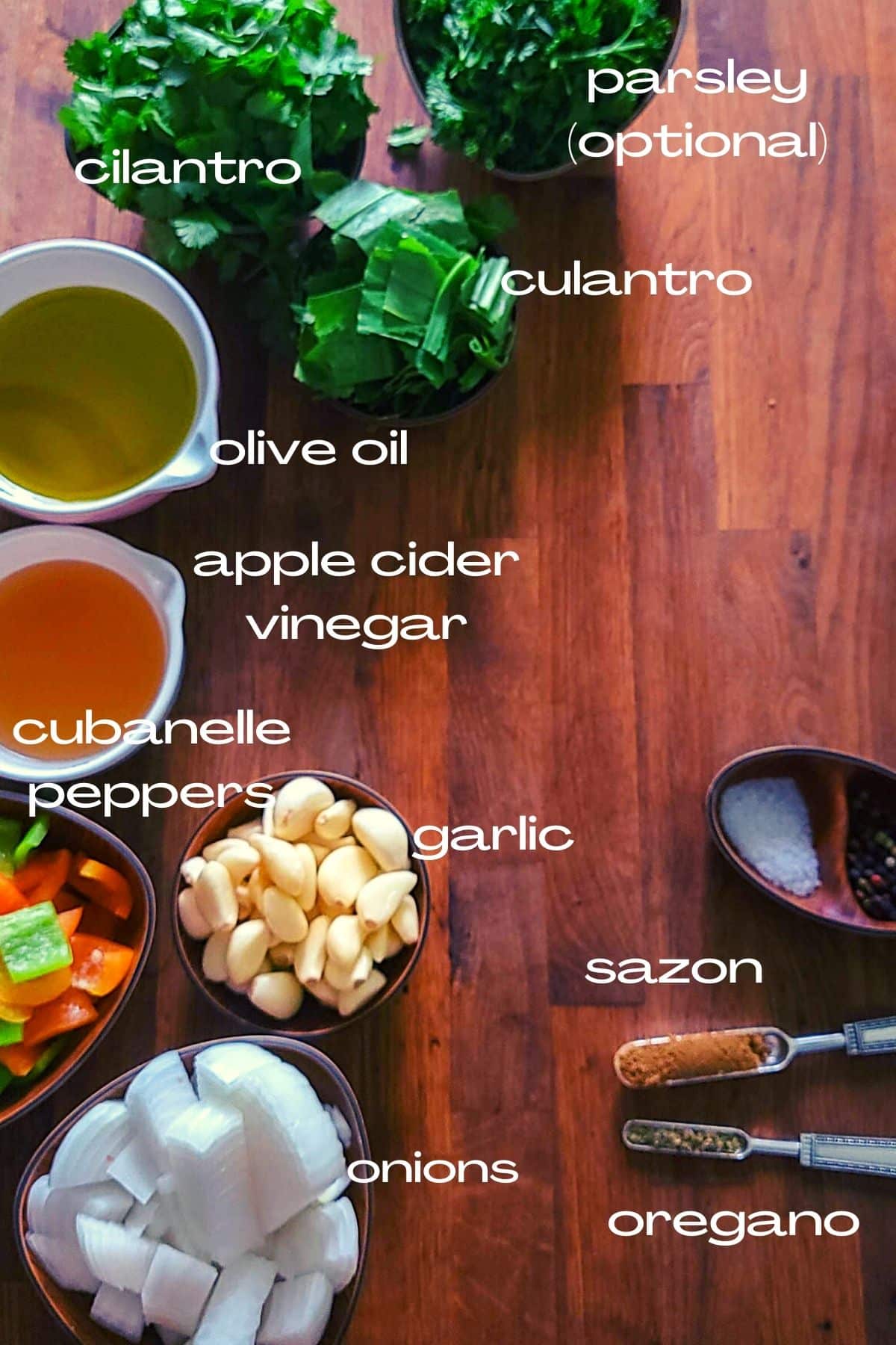 ingredients in sofrito: onion, garlic, pepper, vinegar, oil, culantro, cilantro, parsley, salt, pepper, salon, oregano