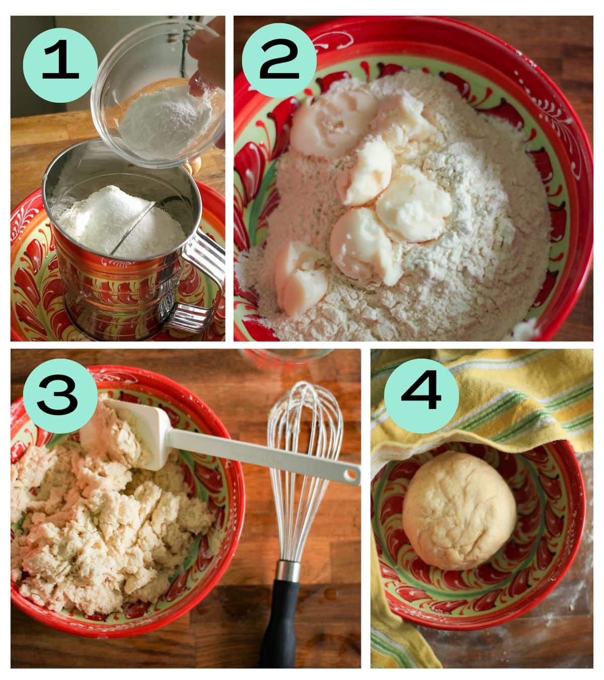 Collage: sifting flour; flour with fat added to it; mixture of flour and fat with water added; ball of dough resting on a bowl covered.