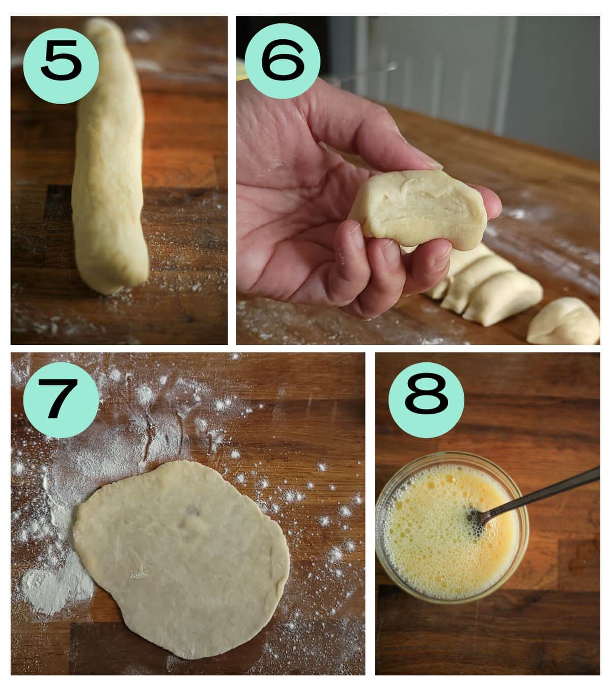 Collage: dough rolled into a log; cutting roll into empanada portions; portion of dough rolled flat in to a disc; egg wash.