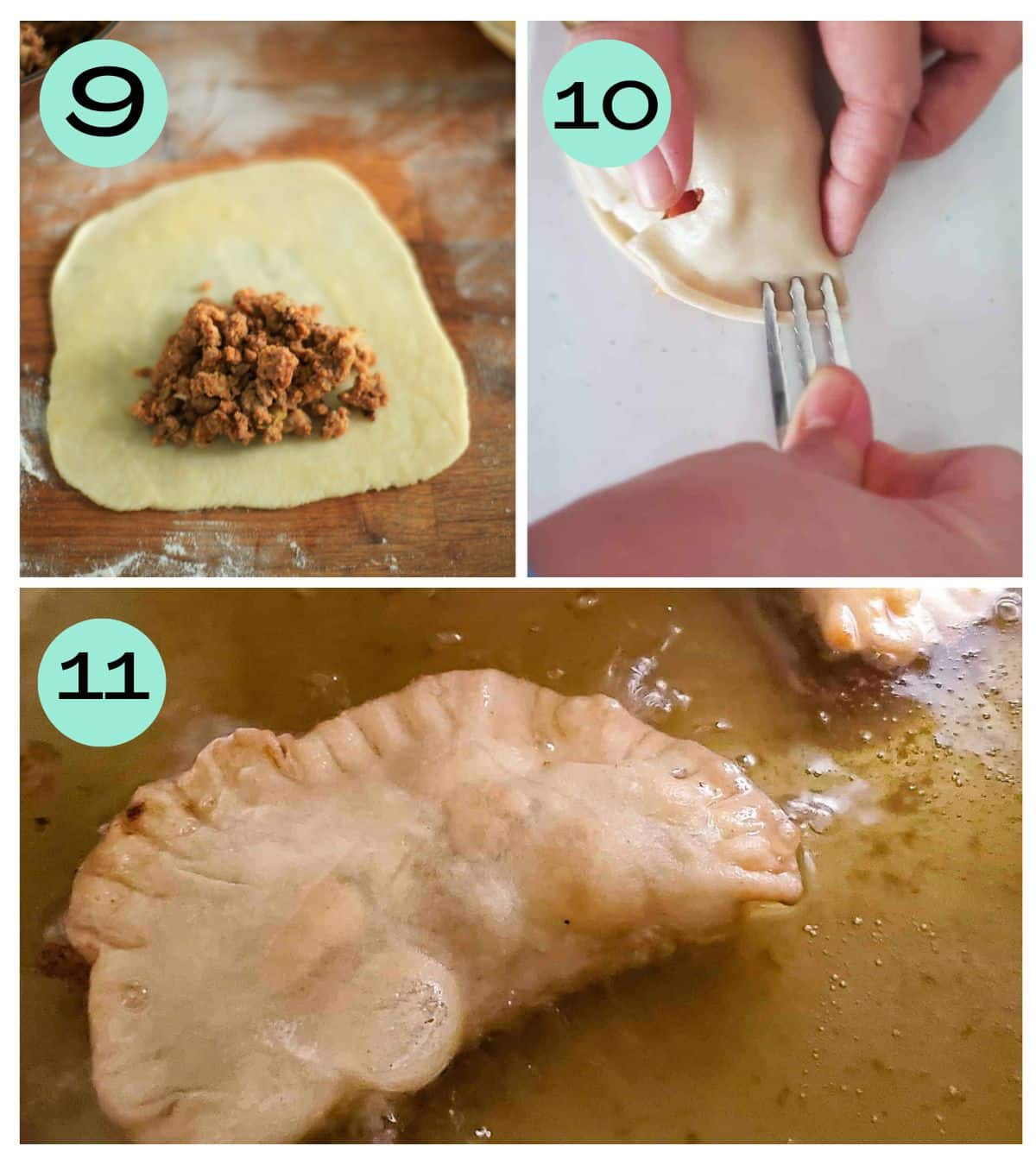 Collage: empanada disc with filling before crimping; crimping empanadas with a fork, frying empanada.