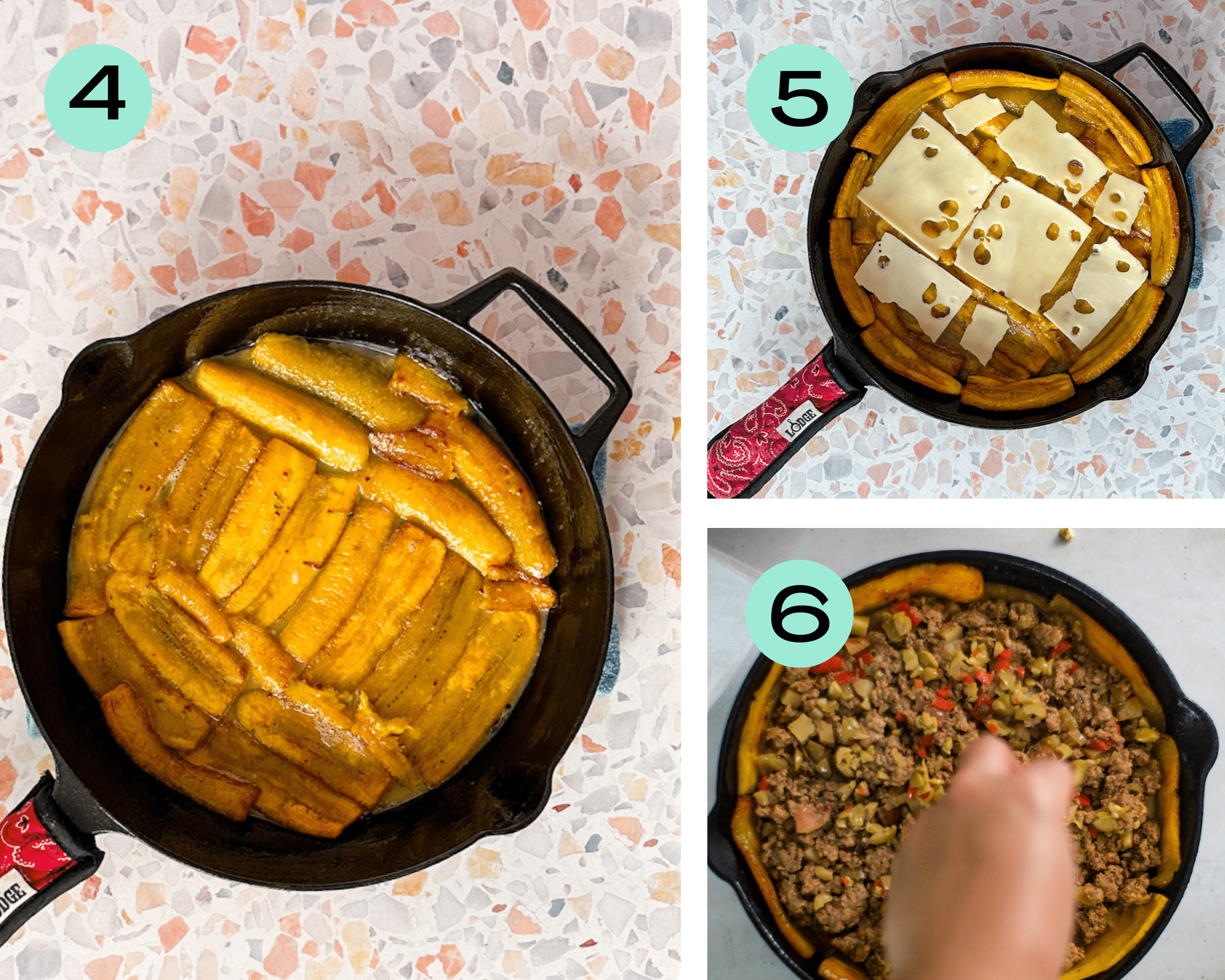 Building pastelon: 4-pour egg on bottom of pan, 5-place a layer of cheese, 6-top with meat filling.