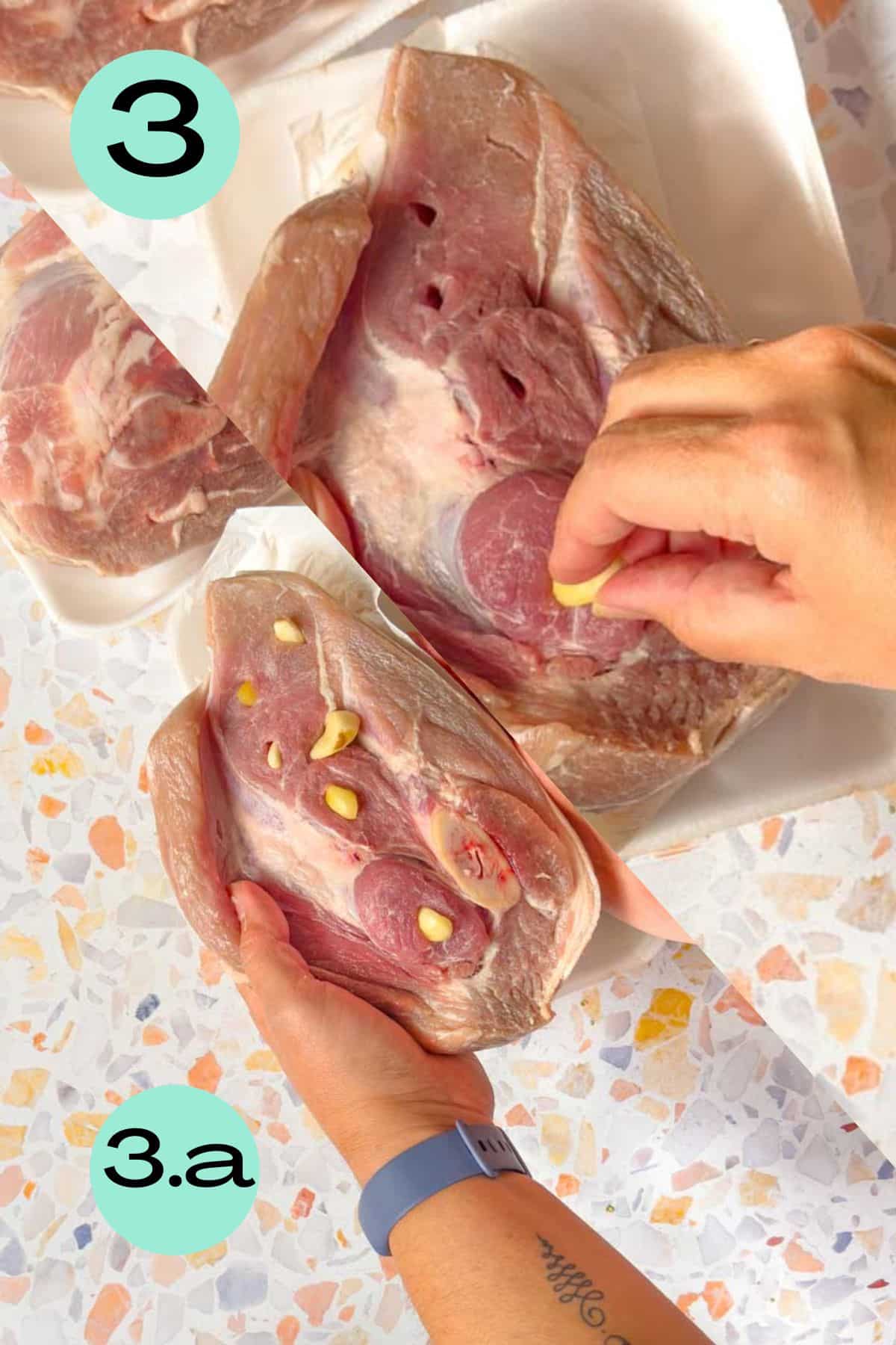 Two images: Top right is stuffing garlic cloves into perforations made with pairing knife. Bottom left image is showing what it should look like when done. A cut of meat with pieces of garlic stuffed into it.