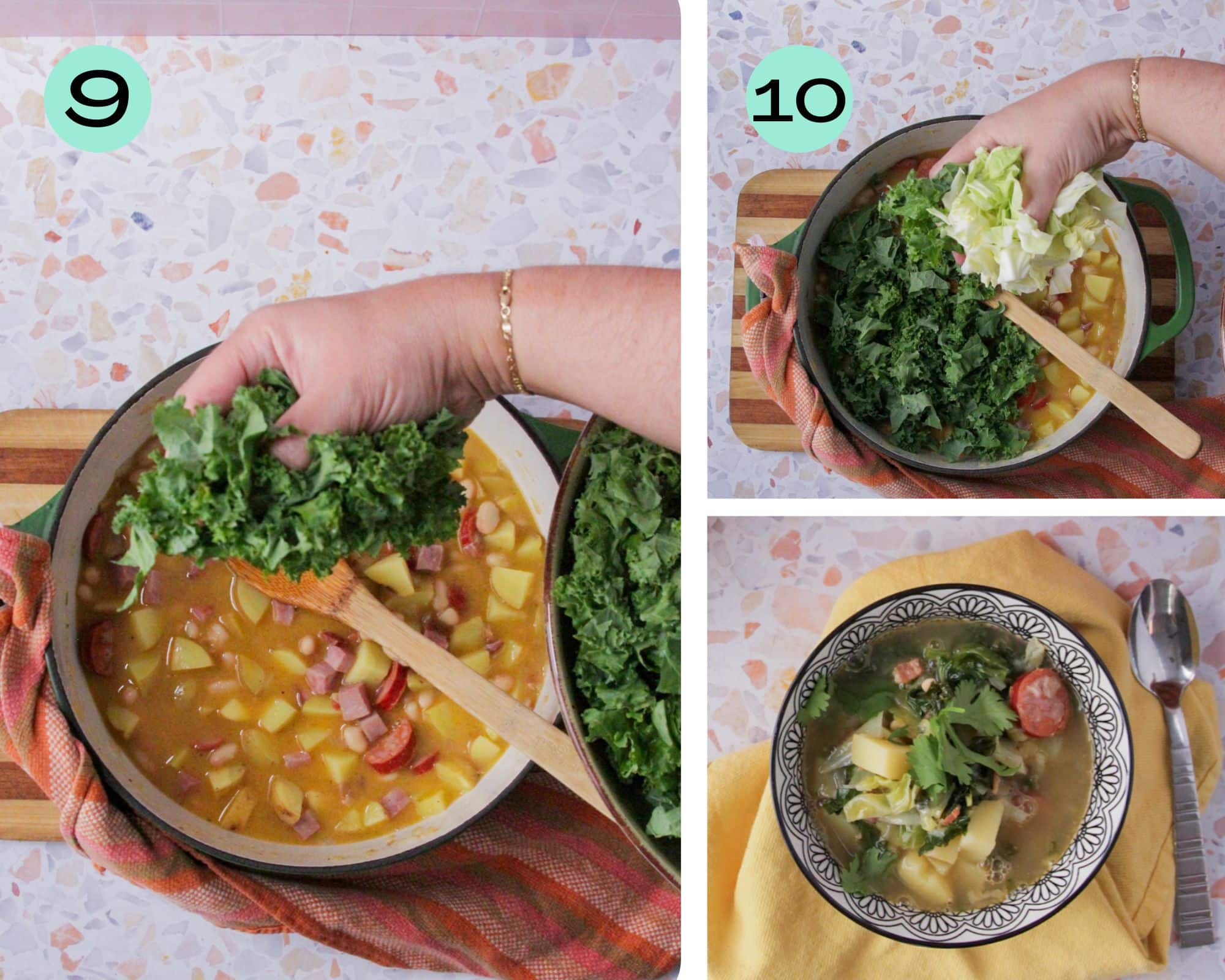 Steps 9-10 for Caldo Gallego. 9.Add kale. 10. Adding cabbage. 