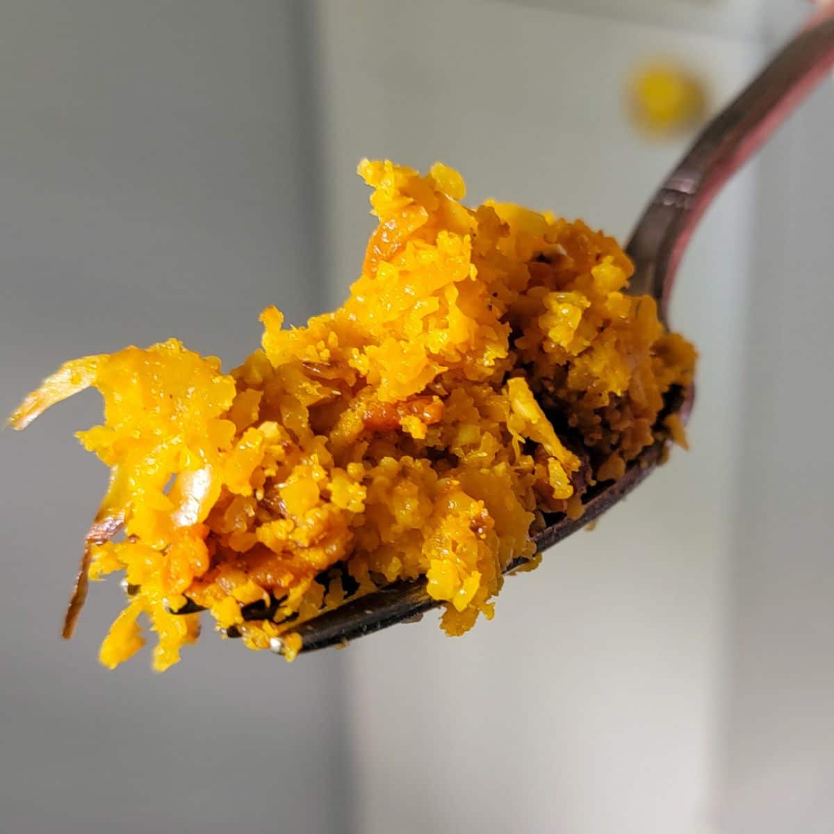 A fork full of cauliflower yellow rice.