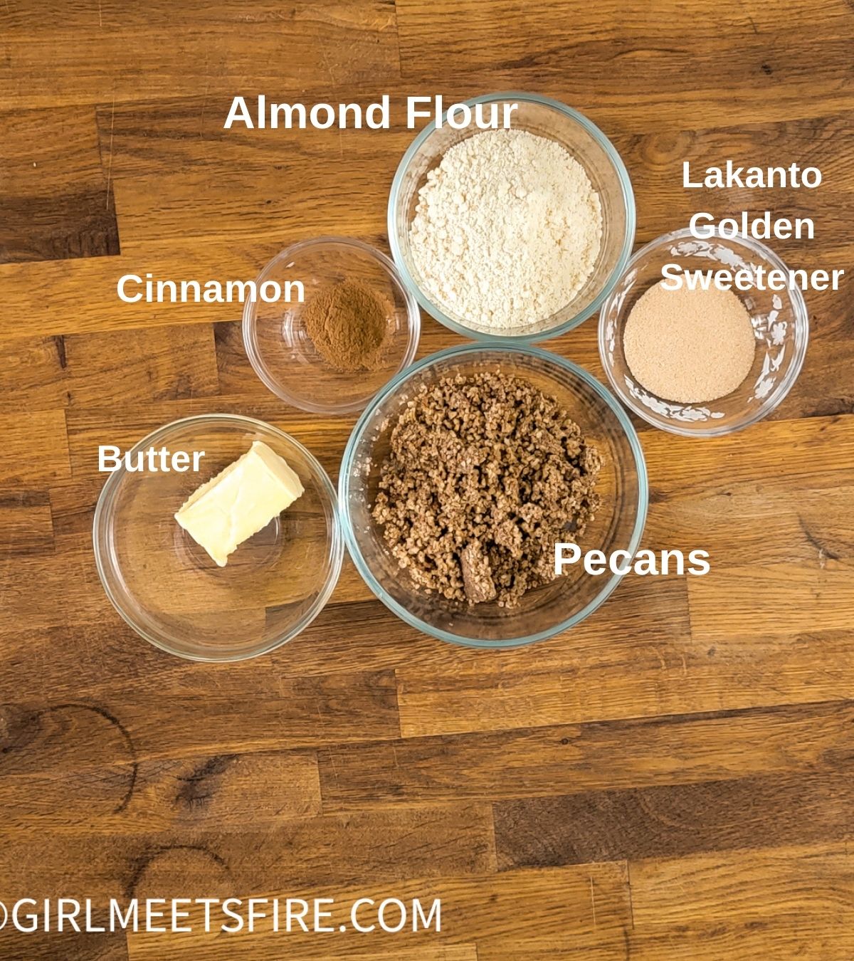 ingredients for pecan crust, ground pecans, almond flour, lakanto golden sweetener cinnamon, butter