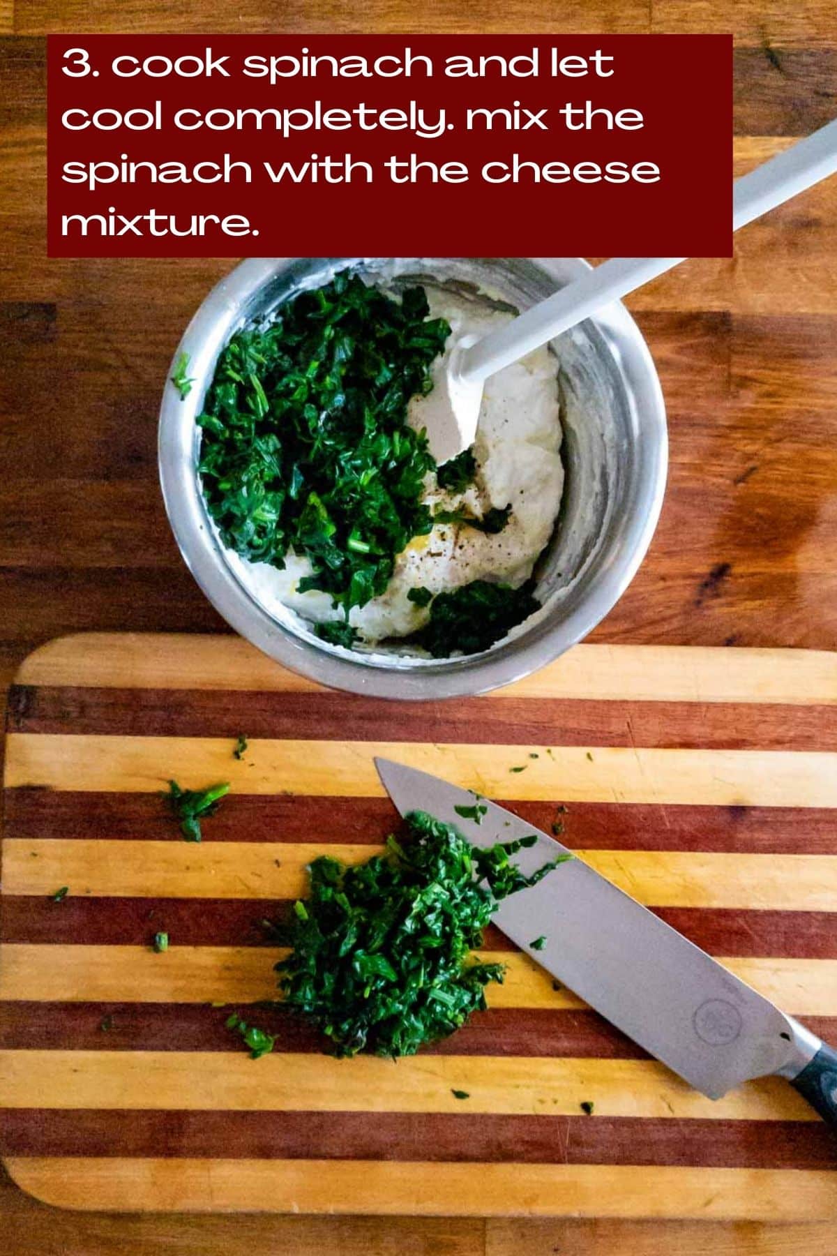 mixing spinach with ricotta cheese mixture.