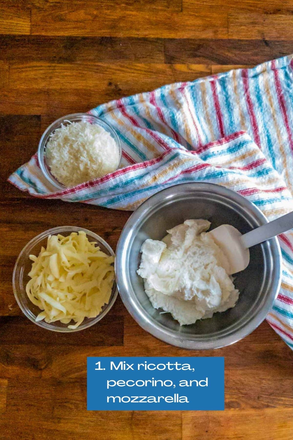 three bowls with cheeses, ricotta, mozzarella, and pecorino