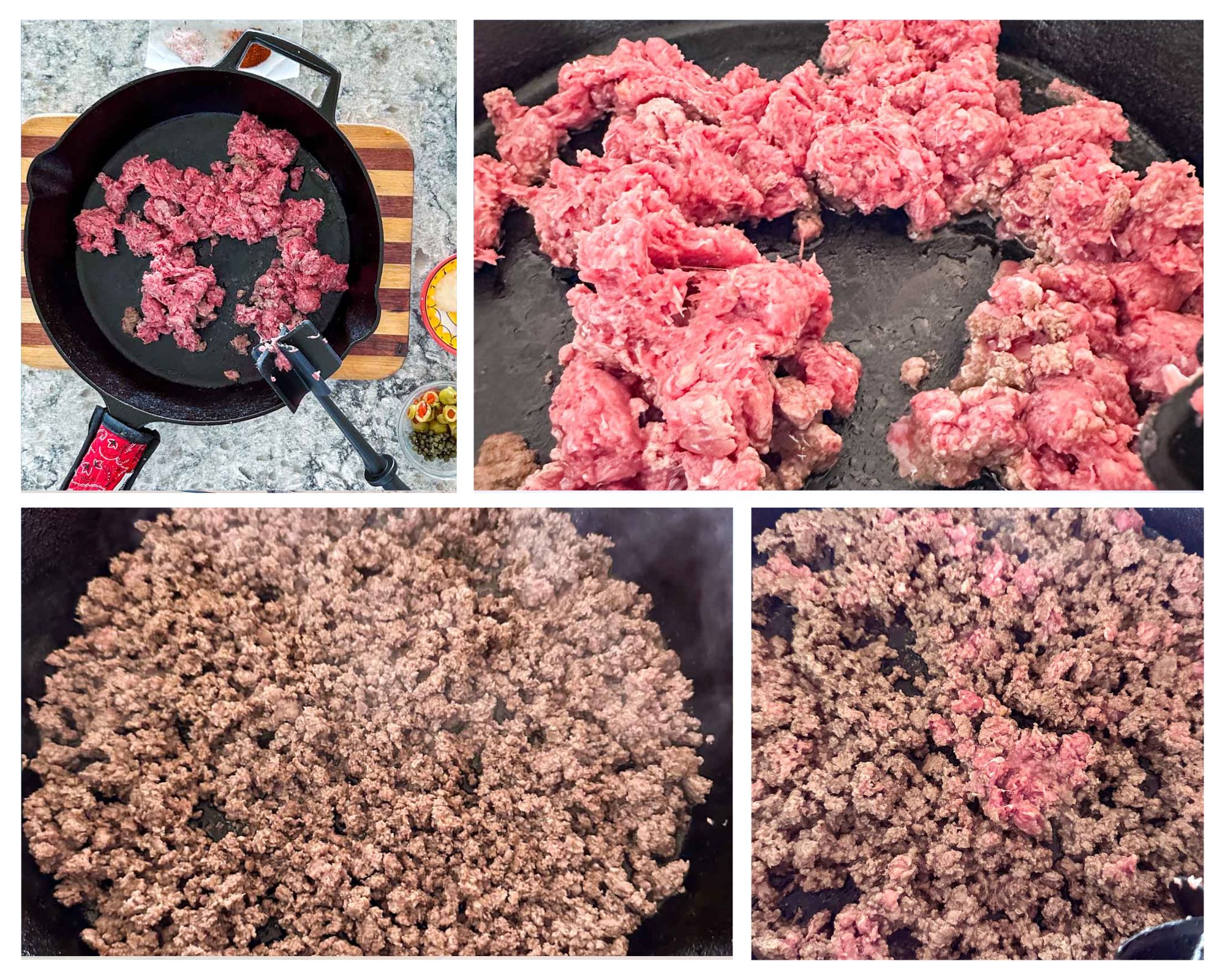 Collage, from top left clockwise: raw ground beef on hot skillet; Breaking ground beef into smaller clumps; Ground beef almost all brown; Ground beef completely browned.