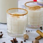 tow rock glasses filled with coquito with rims decorated with cinnamon sugar.