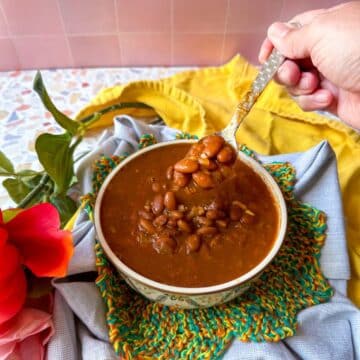 A serving bowl of beans with a spoonful of beans hoving over it.