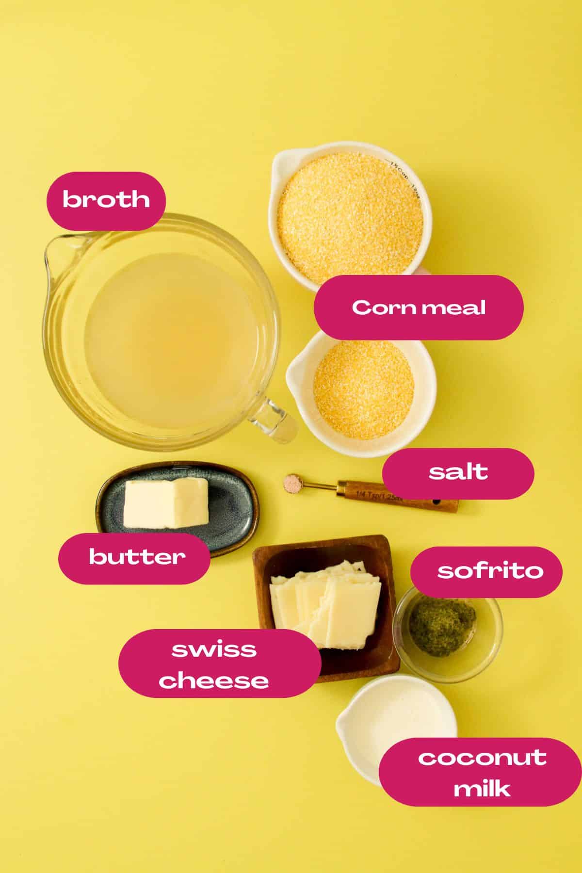 Ingredients for funche. Top: broth and cornmeal. Center: butter, salt, Swiss cheese, and sofrito. Bottom: coconut milk.