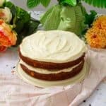 Carrot cake frosted with orange-flavored cream cheese frosting.