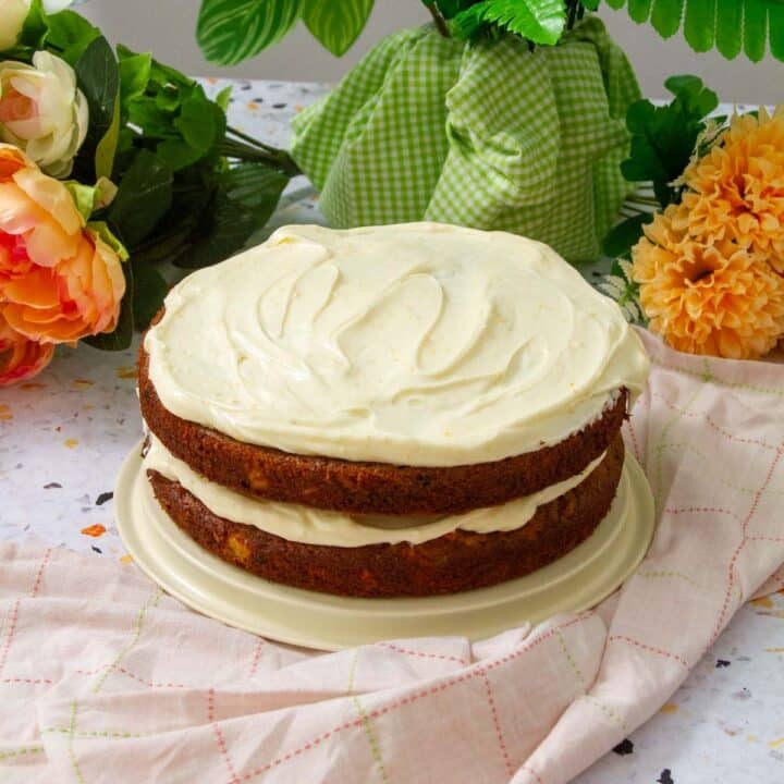 Carrot cake frosted with orange-flavored cream cheese frosting.