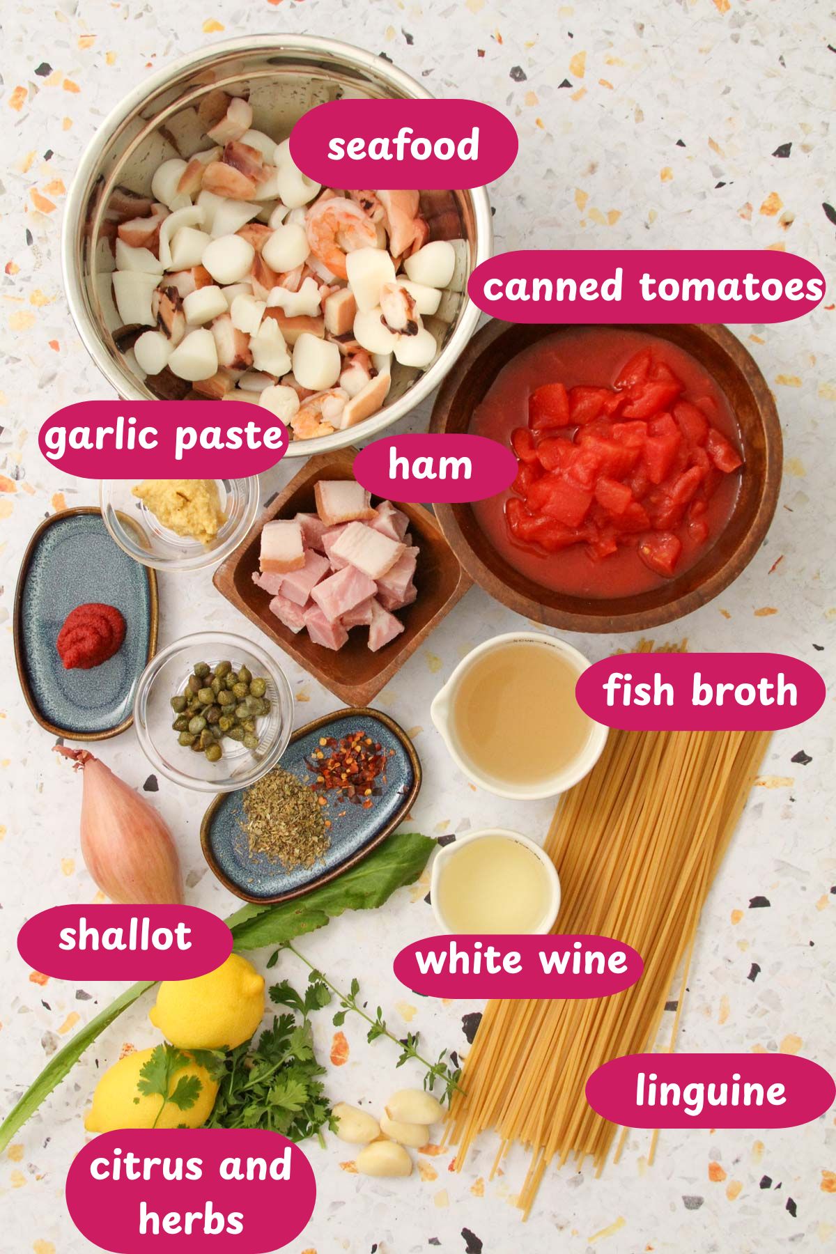 Overhead photo of seafood pomodoro ingredients including seafood mix, canned tomatoes, garlic paste, ham, fish broth, linguine, and fresh herbs labeled in pink.