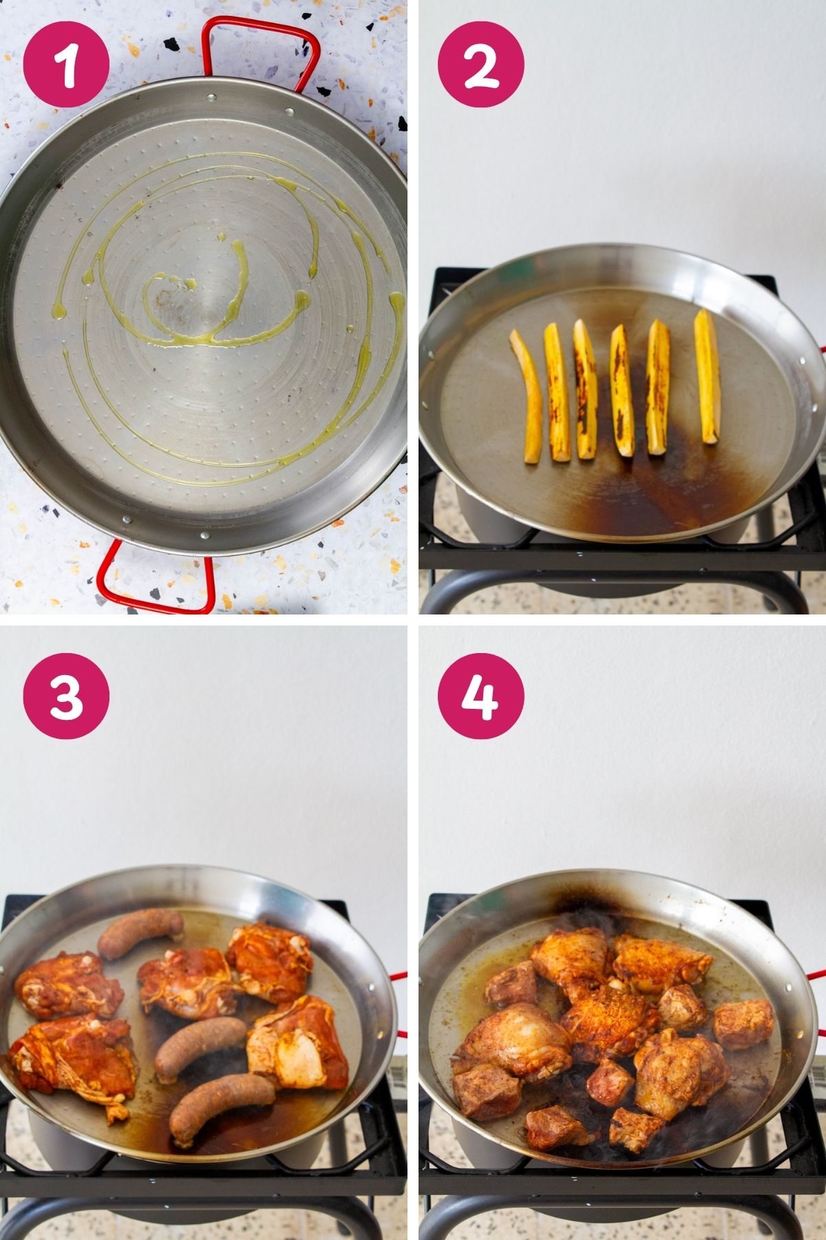 Puerto Rican chicken paella steps 1–4: oiling the pan, searing plantains, and browning chicken thighs and longaniza sausage.