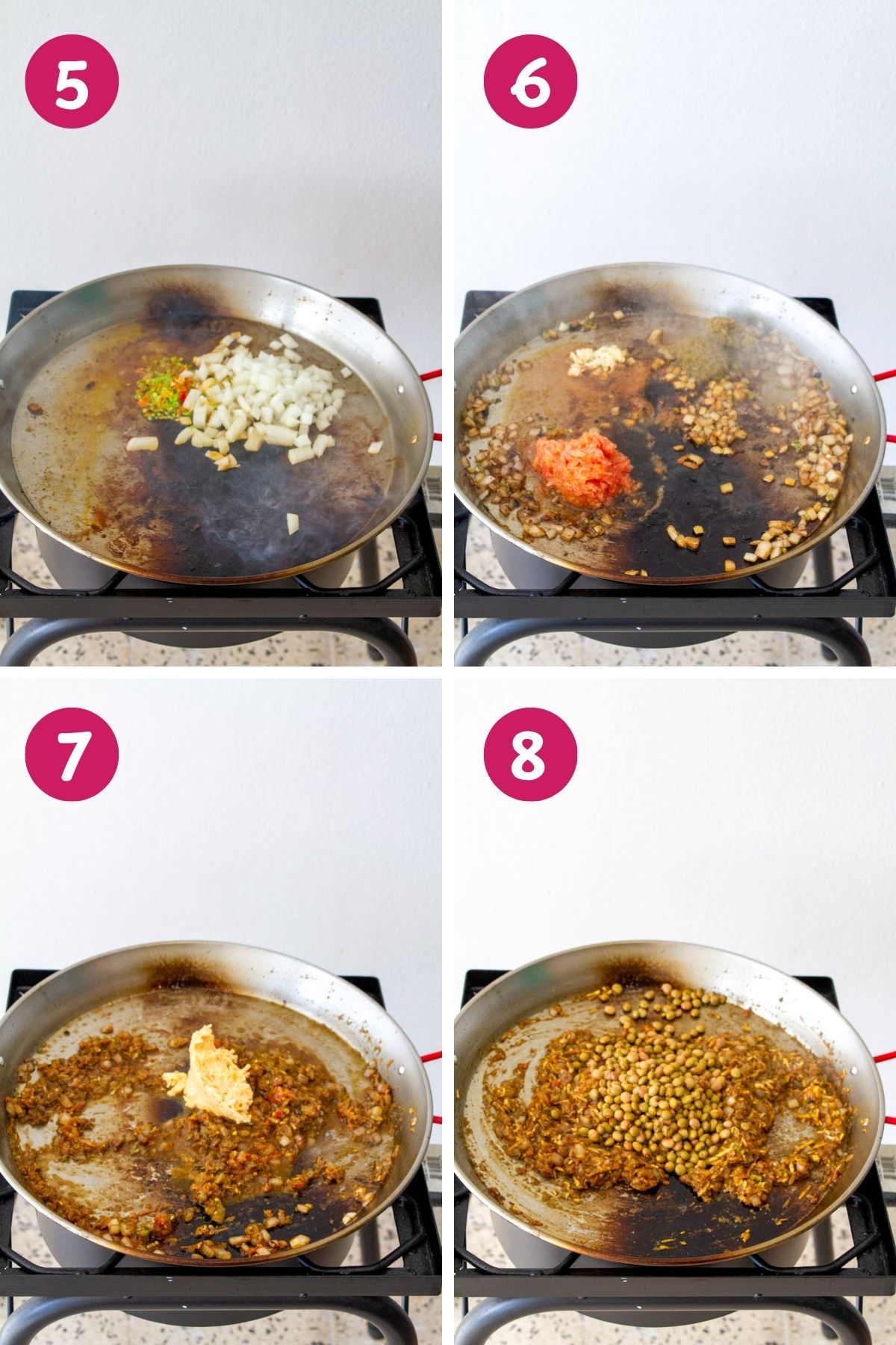 Steps 5–8: Sautéing onions, garlic, and sofrito, then adding shredded plantain and green pigeon peas (gandules).