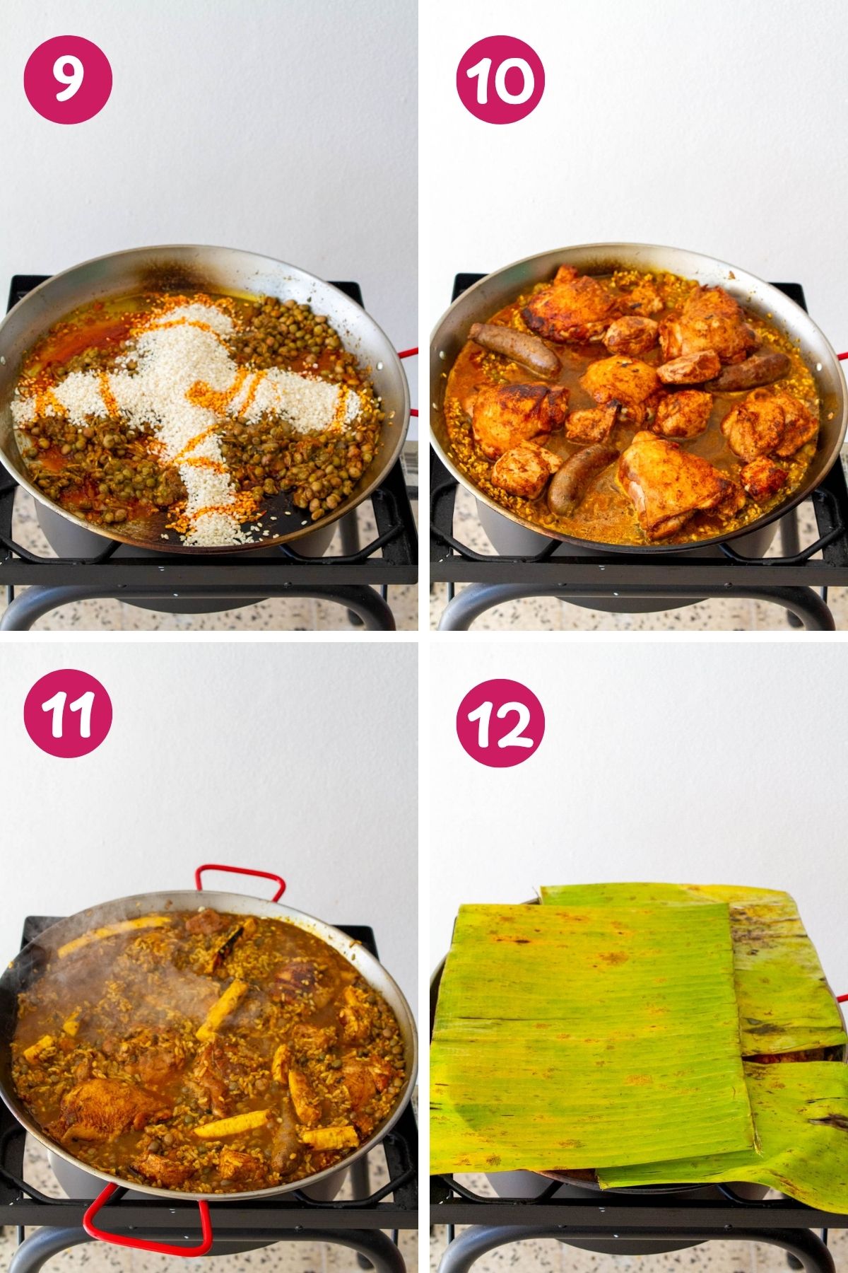 Steps 9–12: Stirring in rice and broth, adding meats, and covering the paella with banana leaves to steam.