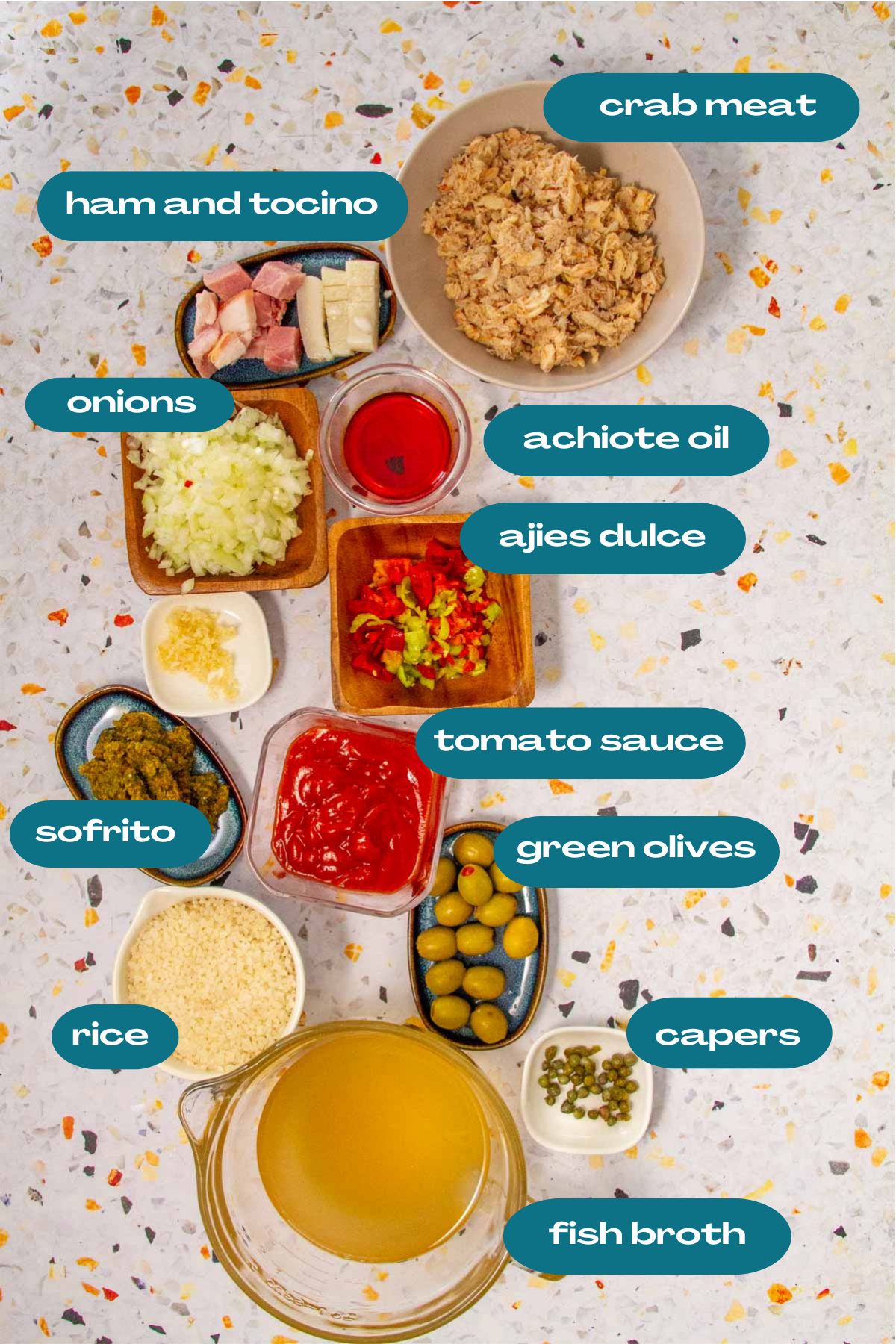 Overhead view of prepped ingredients for Puerto Rican Crab Rice, including labeled bowls of crab meat, ham and tocino, onions, ajíes dulces, sofrito, garlic, tomato sauce, green olives, capers, rice, fish broth, and achiote oil.