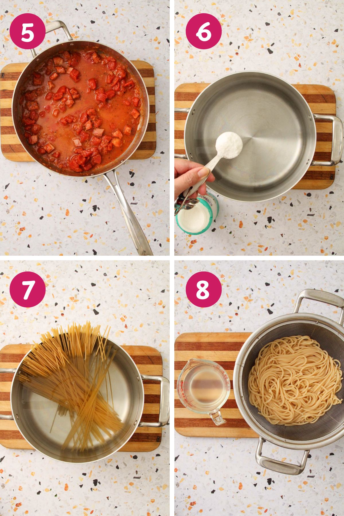Four-step collage of cooking pasta and building the tomato sauce for seafood pomodoro.