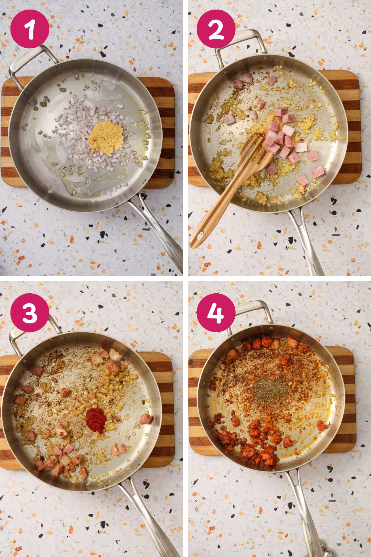 Four-step collage showing the preparation of sautéed shallots, ham, and garlic to build the seafood pomodoro base.