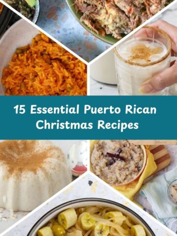 Collage of traditional Puerto Rican Christmas dishes including pernil, arroz con gandules, coquito, tembleque, arroz con dulce, and guineitos en escabeche, with a banner that reads