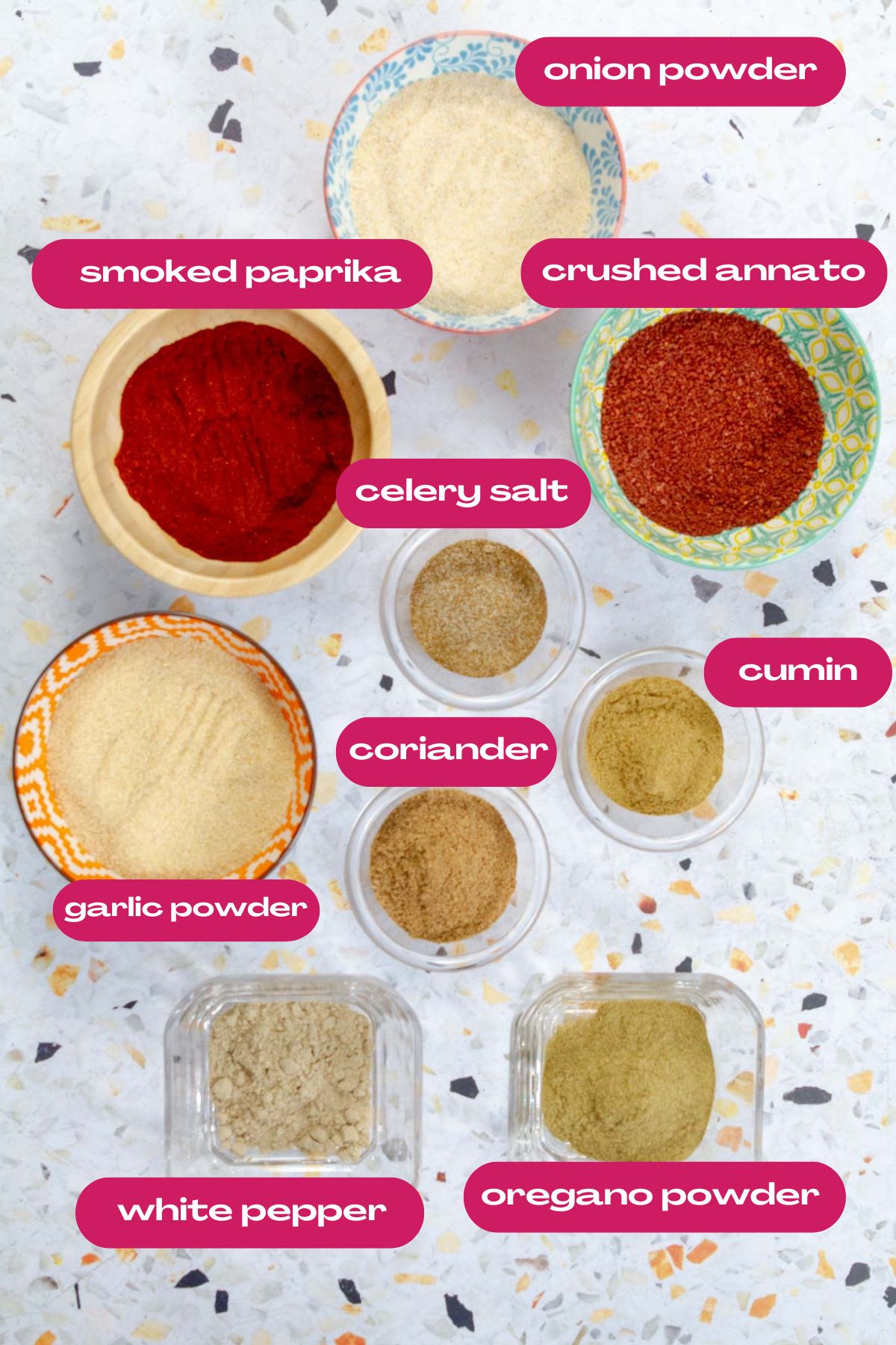 Top-down view of individual bowls of spices labeled onion powder, smoked paprika, crushed annatto, celery salt, garlic powder, coriander, cumin, white pepper, and oregano powder on a light terrazzo background.