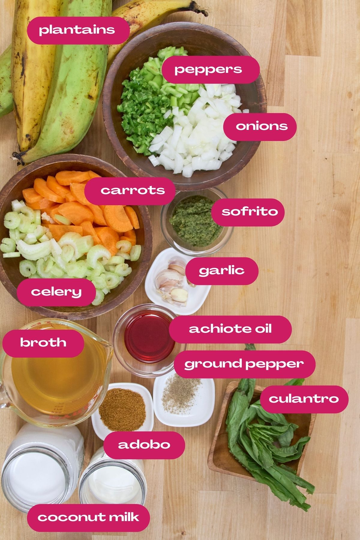 Labeled ingredients for plantain soup including plantains, peppers, onions, carrots, celery, sofrito, garlic, achiote oil, broth, adobo, ground pepper, culantro, and coconut milk arranged on a wooden surface.