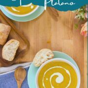 Pinterest-style image of plantain soup in a bowl with a cream swirl, bread pieces, and wooden spoon, with text reading “Plantain Soup Sopa de Plátano” and the website URL.