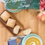 Pinterest-style image of plantain soup with bread and flowers, with text overlay reading “New Recipe on the Blog,” “Sopa de Plátano,” and “Plantain Soup.”
