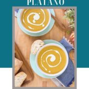 Pinterest-style image featuring plantain soup centered in a frame, with text reading “Plantain Soup Sopa de Plátano” and “read more on the blog.”