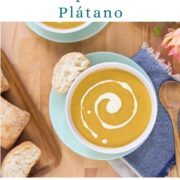 Pinterest-style image of plantain soup with bread and spoon, with text reading “Plantain Soup Sopa de Plátano” and “get the recipe.”