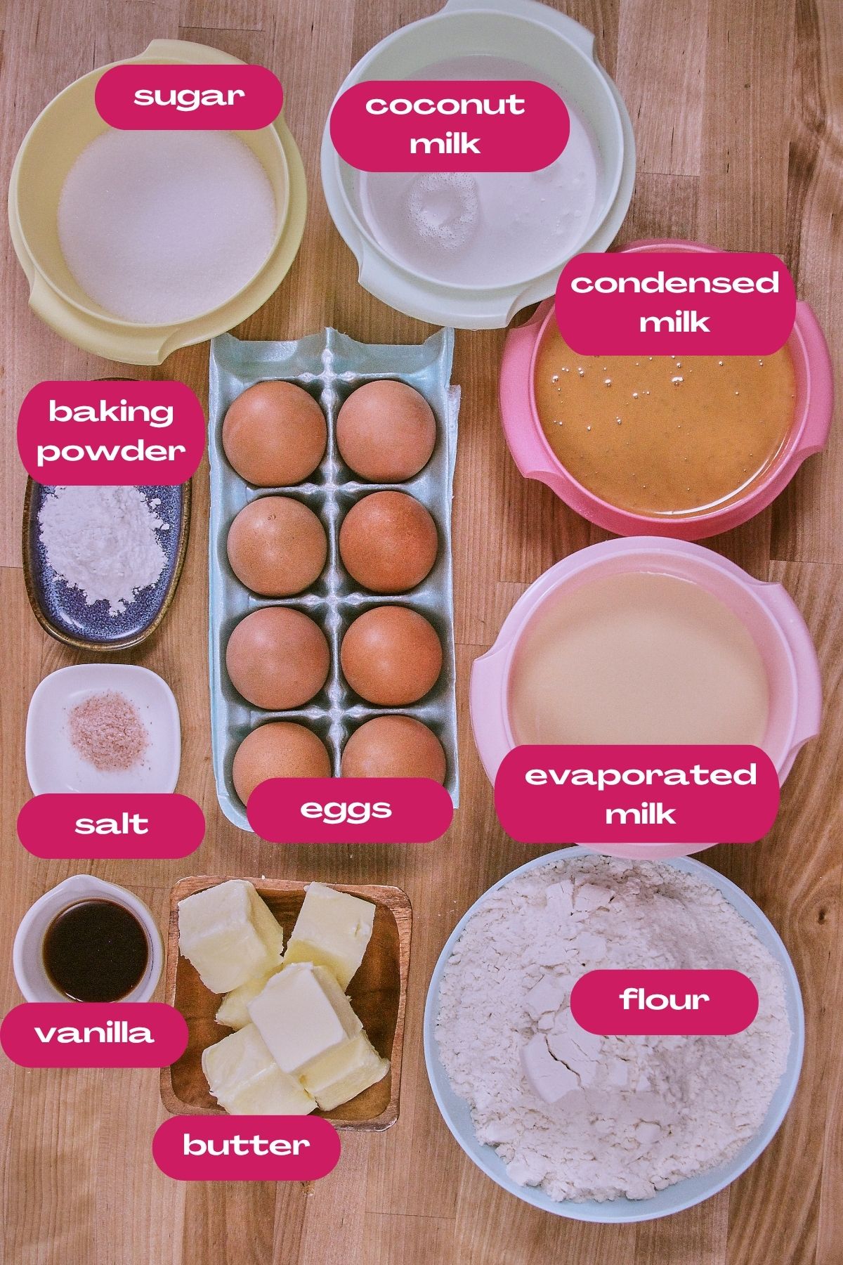 Labeled flat lay of all flancocho ingredients, including sugar, coconut milk, condensed milk, evaporated milk, eggs, butter, flour, baking powder, salt, and vanilla on a butcher block surface.