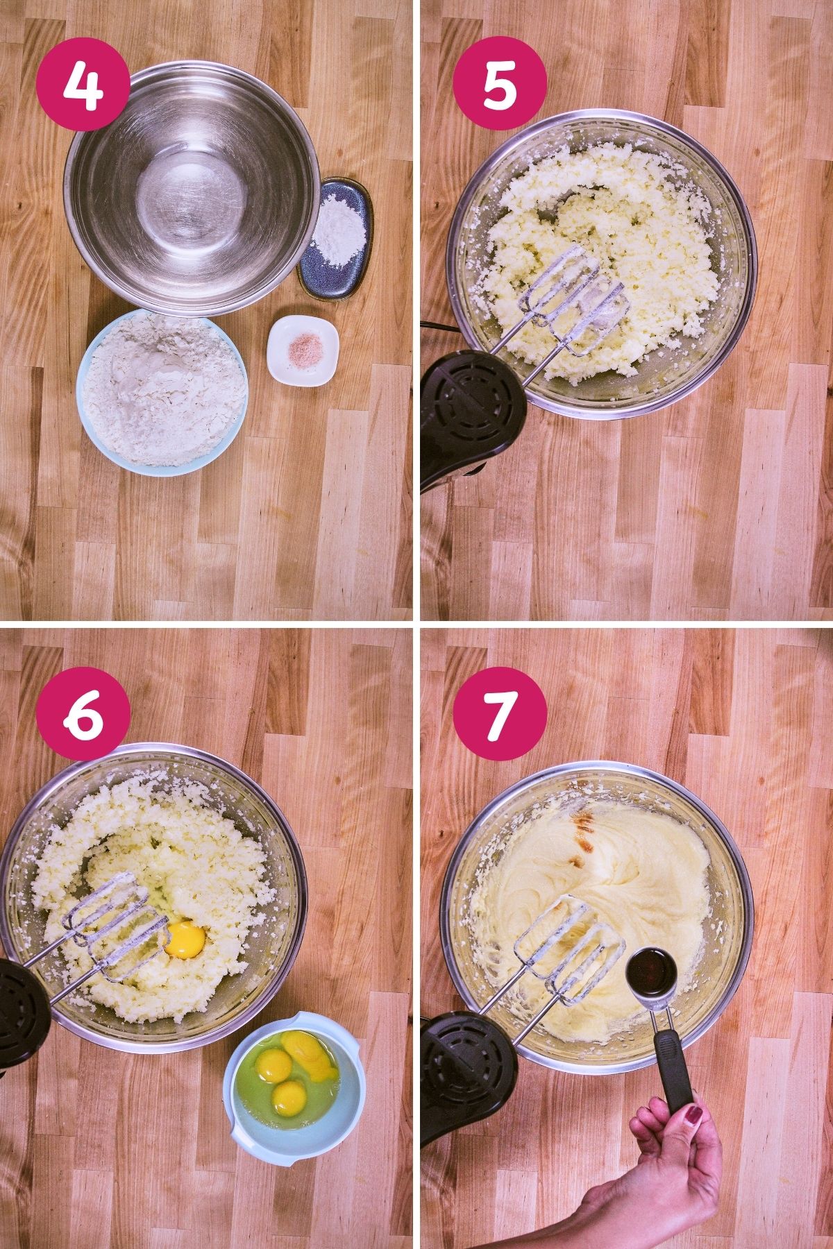 Four-step collage showing the bizcocho batter process: dry ingredients, creaming butter and sugar, adding eggs, and adding vanilla extract.