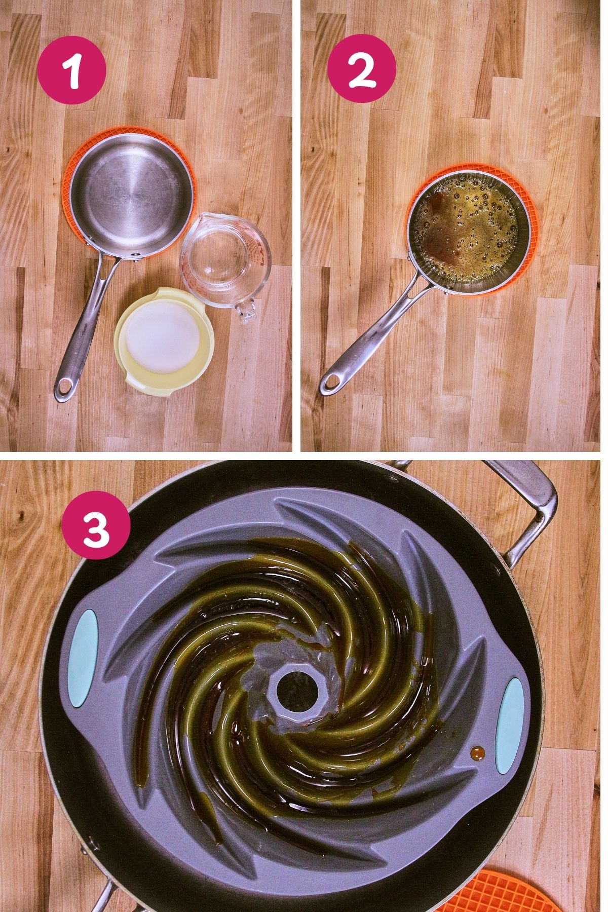 Three-step collage showing the preparation of caramel: ingredients, melted amber caramel in a saucepan, and caramel poured into the silicone bundt mold.