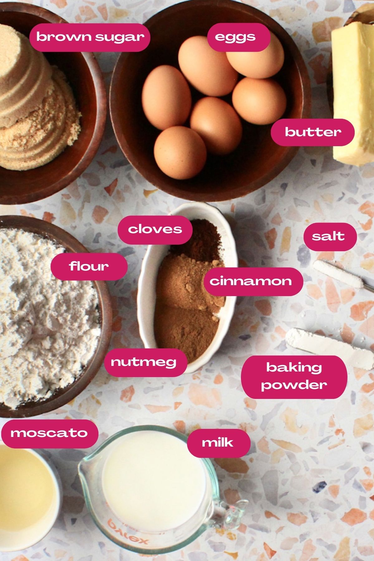 Ingredients for hojaldre añasqueño Puerto Rican spice cake, including brown sugar, eggs, butter, flour, cinnamon, nutmeg, cloves, baking powder, salt, Moscato wine, and milk.