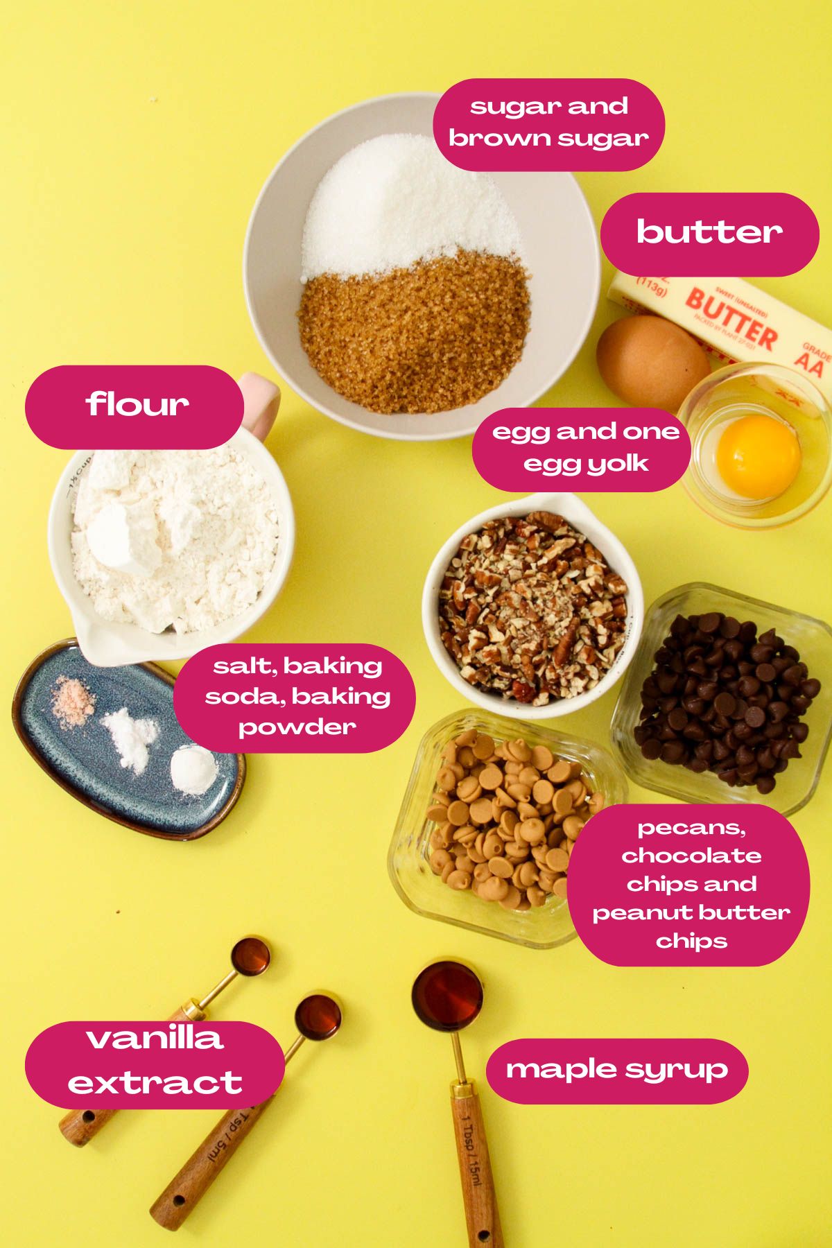 Flat lay of peanut butter blondie ingredients on a yellow background, including flour, brown and white sugar, butter, egg and egg yolk, pecans, peanut butter chips, chocolate chips, vanilla extract, and maple syrup with labeled text overlays.