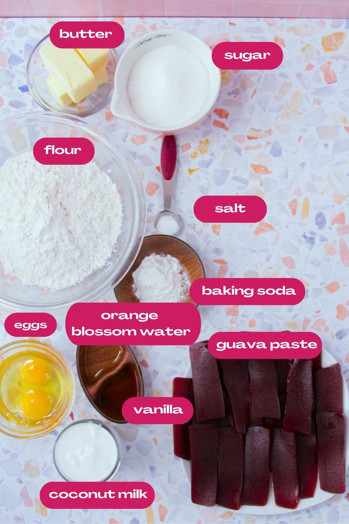 Overhead flat lay of all panetela de guayaba ingredients labeled on a terrazzo countertop: butter, sugar, flour, salt, baking soda, eggs, orange blossom water, vanilla, coconut milk, and guava paste.