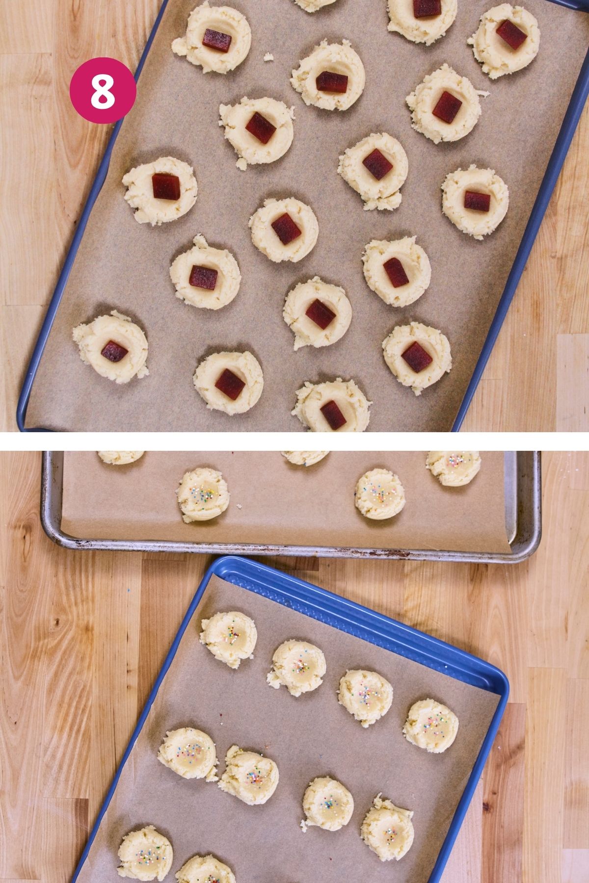 Two baking sheets of unbaked low-carb polvorones, one topped with guava paste cubes and the other with rainbow sprinkles, ready for the oven.
