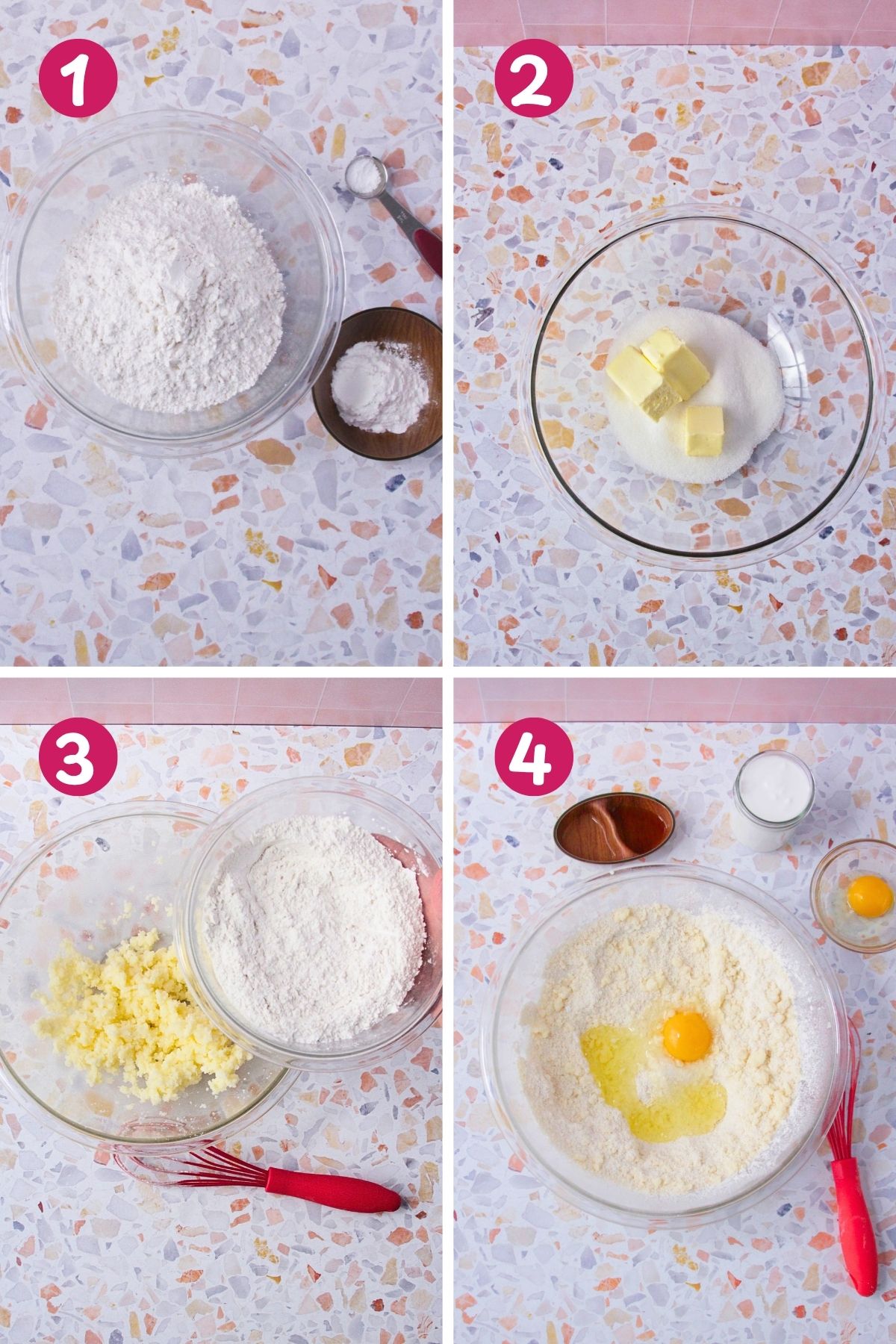 Four-step collage showing the first steps of making panetela de guayaba: sifting flour with leavening, butter and sugar in a bowl, adding flour to creamed butter, and adding the first egg to the mixture.