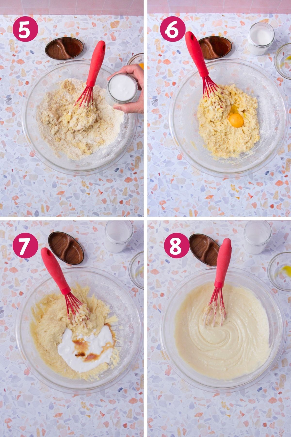 Four-step collage showing steps five through eight of making panetela de guayaba: adding milk, adding another egg, adding coconut milk and vanilla, and the finished smooth batter.