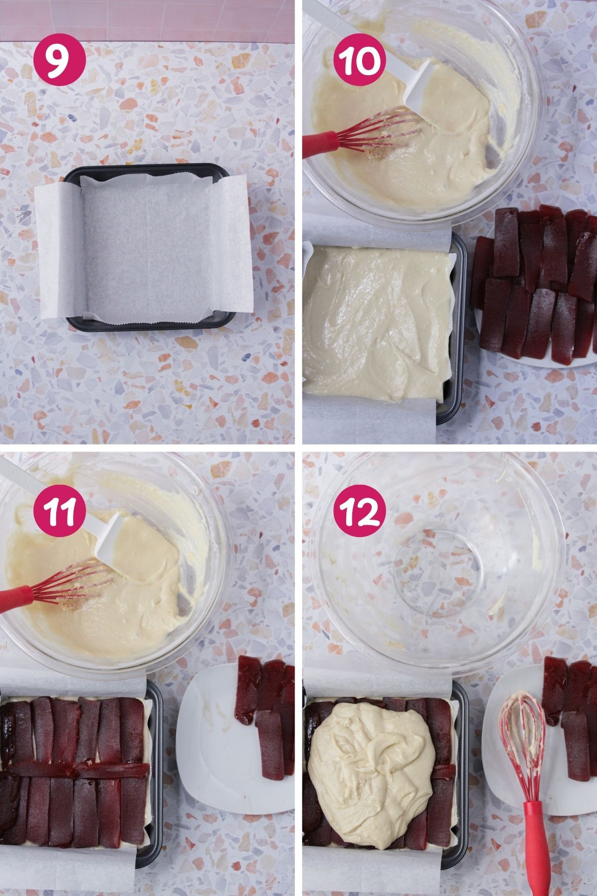 Four-step collage showing the final assembly steps: lined pan, first batter layer poured, guava paste strips laid over the batter, and second batter layer poured over the guava paste.