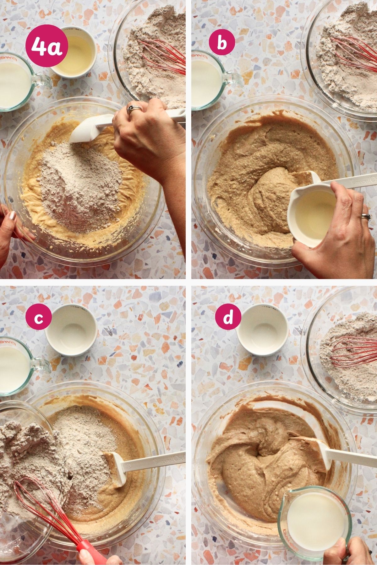 Four-panel image showing the alternating method of incorporating spiced flour and liquids into hojaldre añasqueño batter.