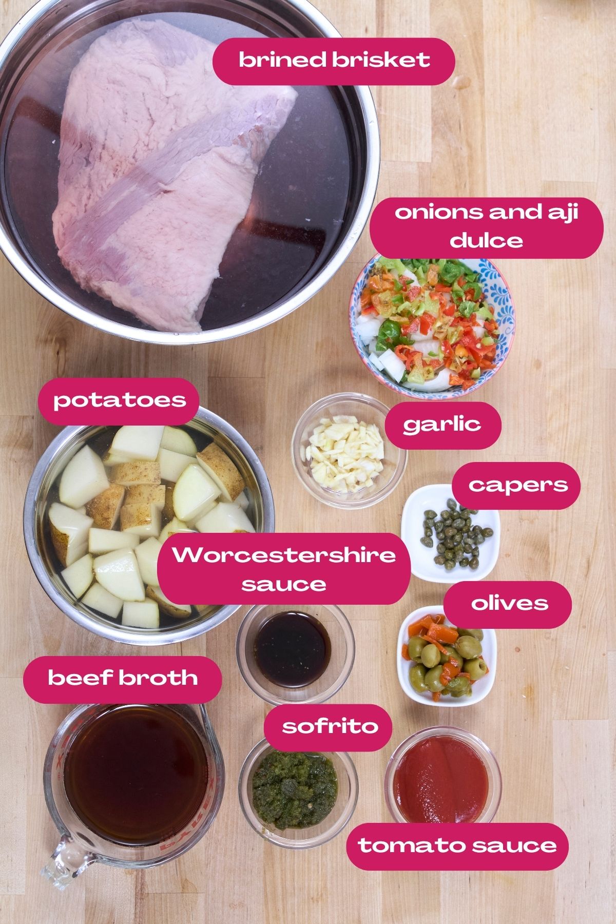 Labeled ingredients for Puerto Rican corned beef: brined brisket, onions and ají dulce, potatoes, garlic, capers, Worcestershire sauce, olives, beef broth, sofrito, and tomato sauce.