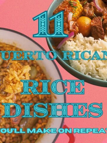 Collage graphic titled '11 Puerto Rican Rice Dishes You'll Make on Repeat' with two overhead photos: arroz con gandules with a spoonful lifted from the pot, and a bowl of carne guisada served over white rice.